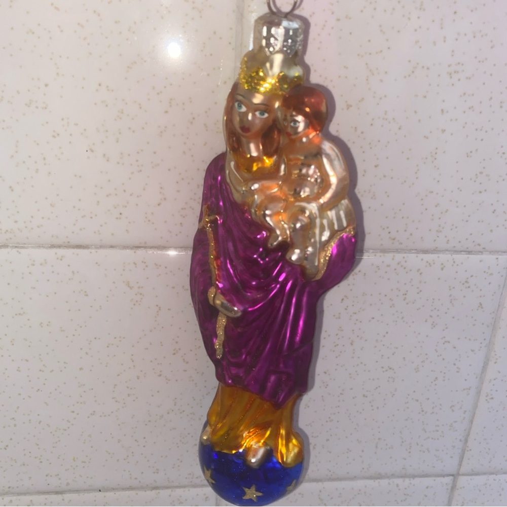 Christopher Radko Mary Jesus Mother Child Glass Standing on World Stars Ornament